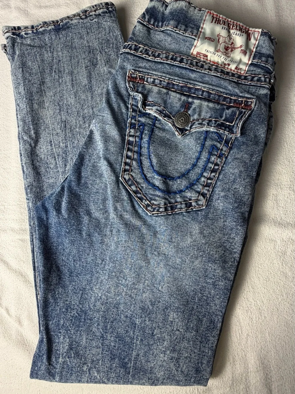 True Religion Men's Acid Wash Blue Ricky Relaxed Straight Jeans